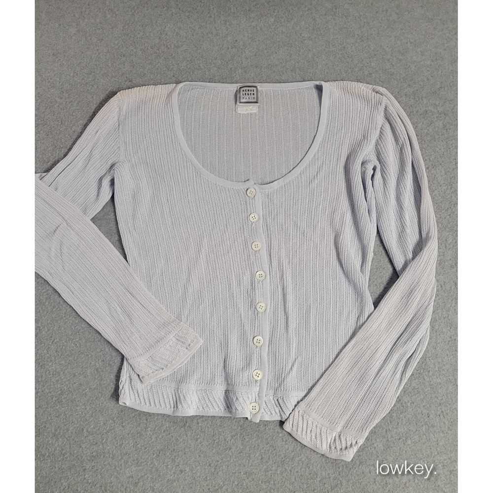 Herve Leger Paris Vintage Light Blue Ribbed Viscose Button Front Cardigan Italy